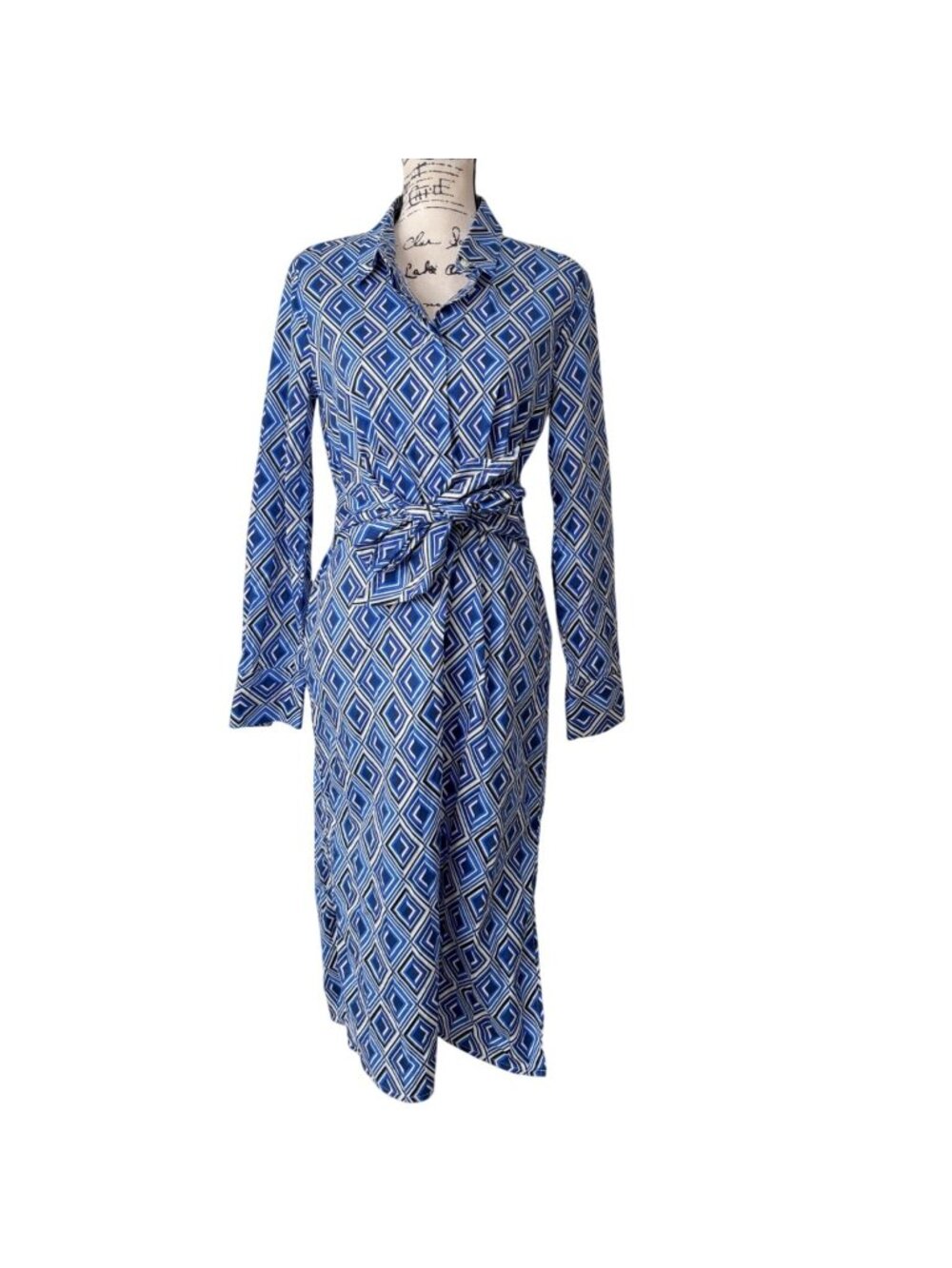 Donna Karan Womens Size 6 Shirt Dress Blue Geometric Print Wrap Dress Cotton - Picture 1 of 8